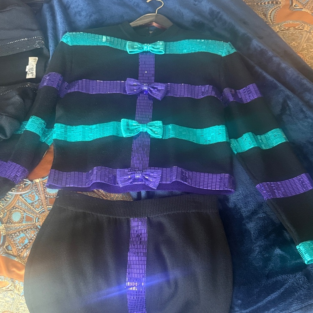 St. John Collection Black Ensemble with Teal and Purple Details
